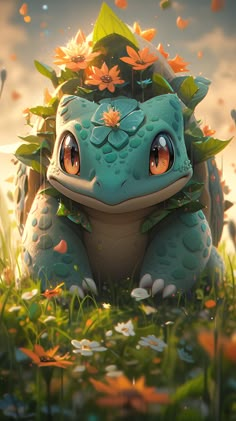 a blue frog sitting in the grass with leaves on its head and eyes open, surrounded by flowers