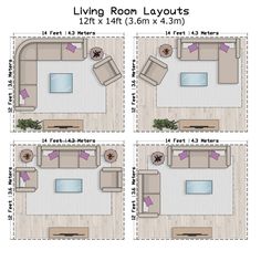 the living room layouts are shown in three different ways