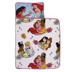 two disney princesses on white sheets with pink trim