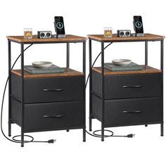 #ad Top Rated Nightstands Set of 2 End Bedside Tables with Charging Station & 2 Fabric Drawers, Furniture