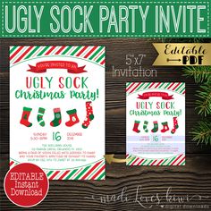 an ugly sock christmas party flyer is displayed on a wooden table with pine branches and other holiday items