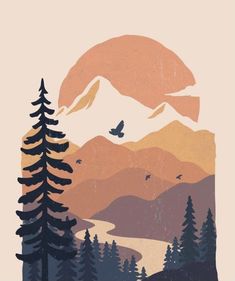 an image of mountains and trees with birds flying in the sky at sunset or sunrise