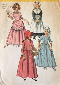 Simplicity 9136 Colonial Reenactment Girls Dress Pattern Prairie Costume Size 10 #Simplicity Prairie Dress Pattern, Pilgrim Dress, 1880s Dress, Medieval Halloween, Pilgrim Costume, Southern Belle Dress, Abigail Adams, Costume Sketches, Halloween Doodles