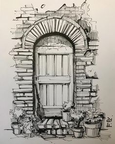 a drawing of an open door with potted plants