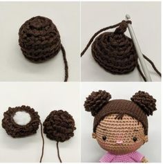 crocheted doll with brown hair sitting next to knitting needles and yarns on the table