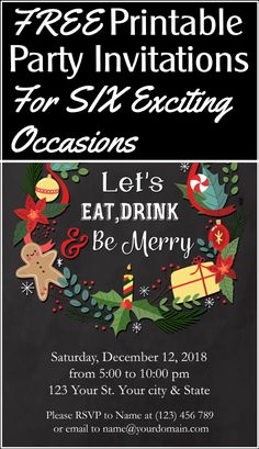 a christmas party flyer with an image of a wreath and presents on the chalkboard