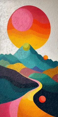 a painting on the side of a building with mountains and hills painted on it's wall