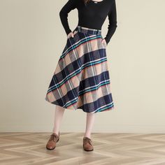 "★★ FEATURES * Wool skirt * Polyester lining * Two side seam pockets * Right zipper closure * back elastic band * Plus size full skirt * A Line Skirt * Perfect for Winter, autumn * Dry clean ★★ The model is 170 cm (5′ 7″) tall with a 80 cm (31.5\") bust, 66 cm (26\") waist. She is wearing the wool plaid skirt in size XS. ★★ Please select custom order according to the follow situation Your height is not between 155 cm- 172 cm Your weight is over 75 kg Request the length ★★ Get your size in Size C Tartan Midi Skirt, Wool Skirts, Fall Skirts, Plus Size Skirts, Beautiful Skirts, Plaid Skirts, Wool Plaid, Casual Elegance, Flare Skirt