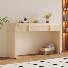 a room with a table and bookshelf on the wall next to a plant