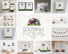 a collage of photos with football themed items on them and the words first birthday written in cursive writing