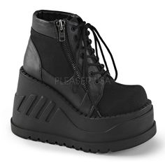 Demonia STOMP-10 Black Canvas-Vegan Leather Boots | Shoecup.com Womens Black Ankle Boots, Demonia Boots, Alternative Shoes, Demonia Shoes, Perfect Sneakers, Vegan Leather Boots, Vegan Boots, Lace Up Wedges, Platform Ankle Boots