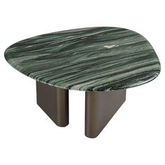 a green marble coffee table with two metal legs on an isolated white background, viewed from the front