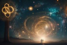 two people standing in the middle of an open space surrounded by stars and light circles