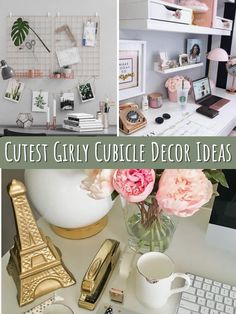 a collage of photos with the words cutest girly cubicle decor ideas