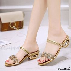 Olivia Mark - Womens Fashionable Dual-Purpose Sandals With Thick Heels - Stylish High Heeled Shoes Sandals Indian, Rhinestone Slippers, Diamond Sandals, Casual Chique, Outdoor Slippers, Rhinestone Sandals, Chunky High Heels, Slippers Women, Flip Flop Shoes