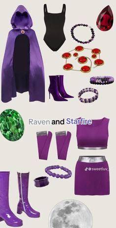 the costume is purple and has lots of accessories on it, including boots, scarves, bracelets, necklaces