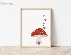 a red mushroom with hearts flying out of it's mouth on a white wall