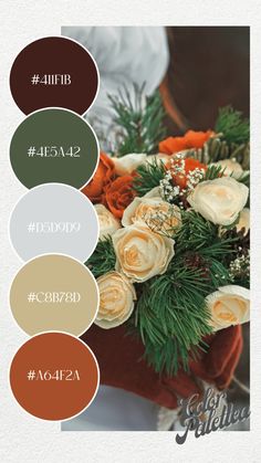 a bouquet with flowers and greenery is shown in the color scheme for this wedding photo