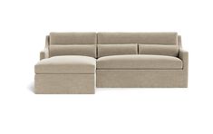 a beige sectional couch and ottoman on a white background