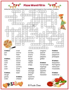 a crossword puzzle with the words pizza word fill in and an image of food