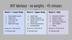 three different types of workouts with the text hiit workout - no weights - 45 minutes