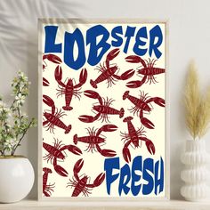 lobsters are depicted in red, white and blue on a cream background with the words lobster fresh