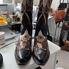 Cowboy Pro Brand Size 7 Womens Embroidered Feather Boots. Wore Only A Few Times. They're In Excellent Condition And Very Comfy. Feather Boots, Pro Black, Black Tan, Shoes Heels Boots, Black And Tan, Shoes Women Heels, Heeled Boots, Cowboy, Shoes Heels