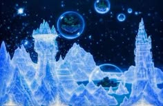 an image of a fantasy scene with ice castles and planets in the sky above them