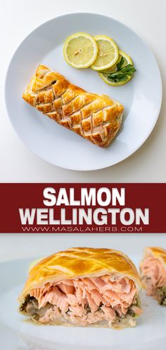 salmon wellington on a plate with lemon slices