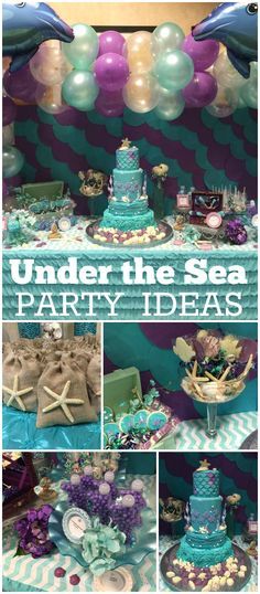 under the sea party ideas with balloons, cake and other items for an under the sea party