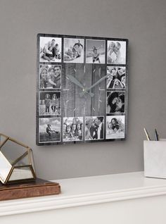 a clock that has photos on it