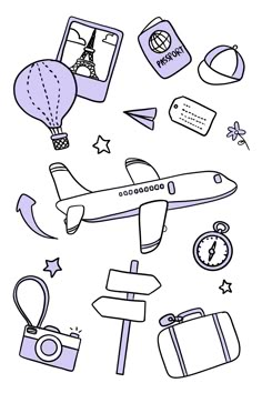 a black and white drawing of an airplane with travel related items around the world on it