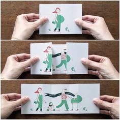 three pictures of hands holding up cards with different images of people and animals on them