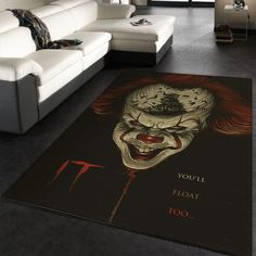 a living room area rug with a scary clown face on the floor and words that read, if you float it too