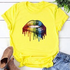 Super Soft & Stretchy O Neck, Casual Short Sleeve Yellow Polyester Runs Small- Order One Size Up Great Quality Two Piece Romper, Lips Graphic, Lip Print, Guess Shirt, Cheap Shoes Online, Black Short Sleeve Shirt, Lips Print, Yellow T Shirt, Leopard Print Top