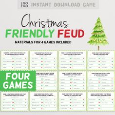 a christmas themed game with the words, friends and familyfud materials for 4 games included