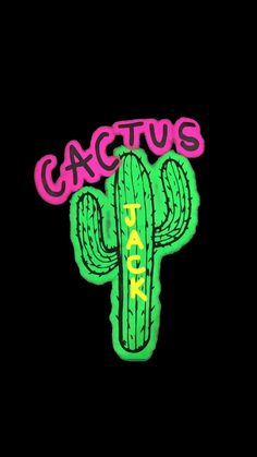 cactus sticker with the words cactus park in neon pink and green on a black background