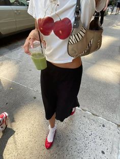 Red Flats Outfit Aesthetic, Red Socks Outfit, Cherry Inspired Outfit, Cherry T Shirt, Aesthetic Instagram Feed Ideas, Red Flats Outfit, Sequins Top Outfit, Graphic Tees Street Style, Fashion Style Guide