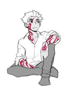 an anime character sitting on the ground with his arm painted in red and white stripes