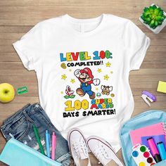 Gumball Shirt 100 Days Of School, 50 Days Of School Shirts, 100 Days Of Kindergarten Shirt Teachers, 100 Days Of School For Toddlers, 100 Days Of School Shirt Kindergarten, Casual School Shirt With Character Print, Casual School Shirt With Sublimation Print, 100 Days Smarter Shirt, Mario Level