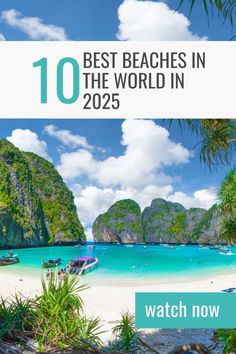 the beach with boats and palm trees in front of it is featured for best beaches in the world in 2055