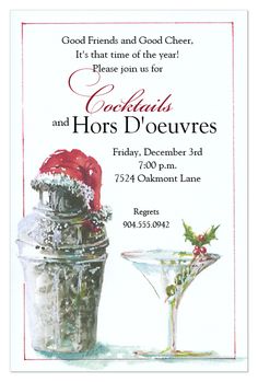 a christmas party flyer with two martinis and holly decorations on the rim, in front of a white background