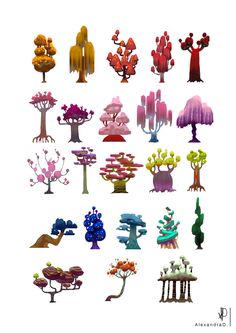 a bunch of different types of trees on a white background