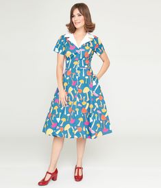 Unique Vintage Teal & Multicolor Mushroom Swing Dress - Unique Vintage - Womens, DRESSES, SWING Unique Vintage Dresses, Midi Shift Dress, Womens Vintage Dresses, Sleeveless Shift Dress, Tea Length Dresses, Yellow Fashion, Lace Midi Dress