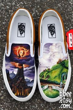 the shoes are painted with pictures of wizard's castle and hogwarts crest