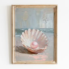 a painting of an egg in a shell on a white wall next to the ocean