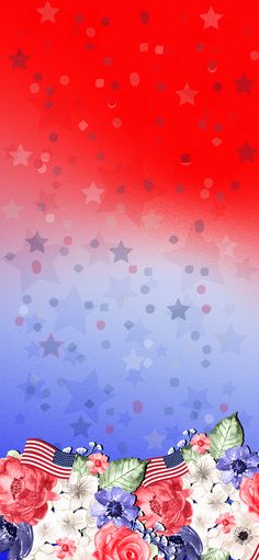 an american flag background with red, white and blue flowers on the bottom right corner