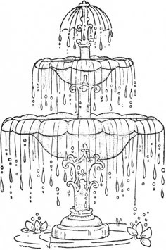 a drawing of a three tiered fountain with drops of water on the top and bottom