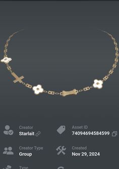 an image of a gold necklace with flowers and crosses on the link, as well as other items