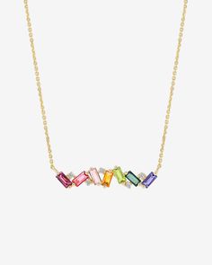 Kalan By Suzanne Kalan Amalfi Burst Rainbow Bar Pendant in 14k yellow gold Fine Jewelry With Multicolor Baguette Diamonds, Rainbow Bar, White Diamond Necklace, Necklace Stack, Diamonds Necklace, Peridot Green, Pink Topaz, Bar Pendant, Rainbow Design